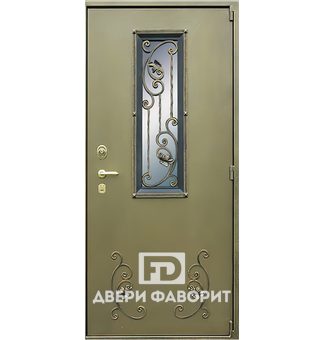 стальная дверь в коттедж со стеклом и ковкой, усилена тремя петлями