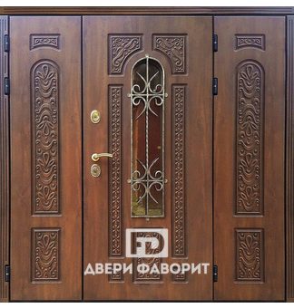 двустворчатая дверь с боковой вставкой для коттеджа со стеклом и ковкой
