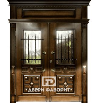 дверь двустворчатая с верхней вставкой для парадного входа (терморазрыв) с ковкой и стеклянными вставками