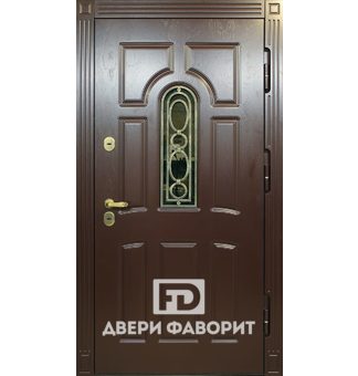металлическая дверь с кованой решеткой и стеклопакетом, отделка МДФ с двух сторон