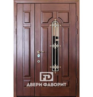 дверь стальная двустворчатая со стеклом и кованым элементом
