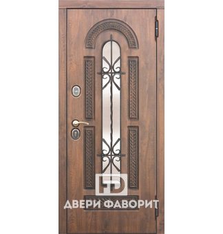 уличная дверь с виноритом, оборудована стеклом и ковкой